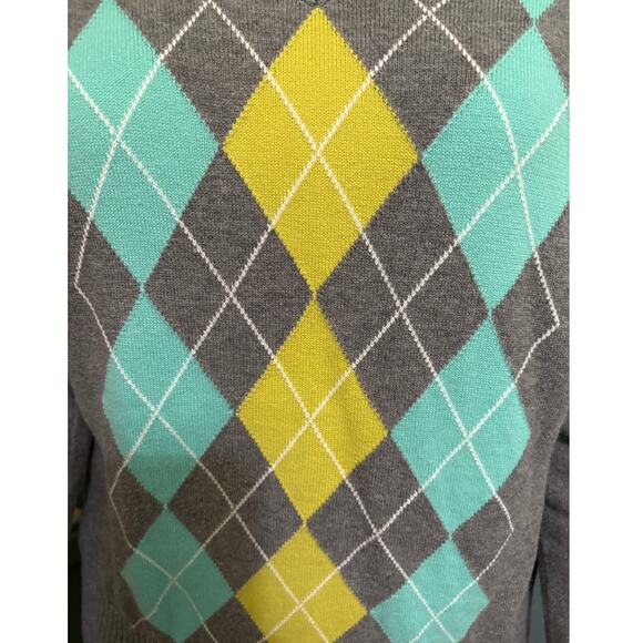 IZOD V-Neck Sweater-Gray with Teal & Yellow Argyle Knitted Front-Long Sleeve-M - Picture 2 of 6